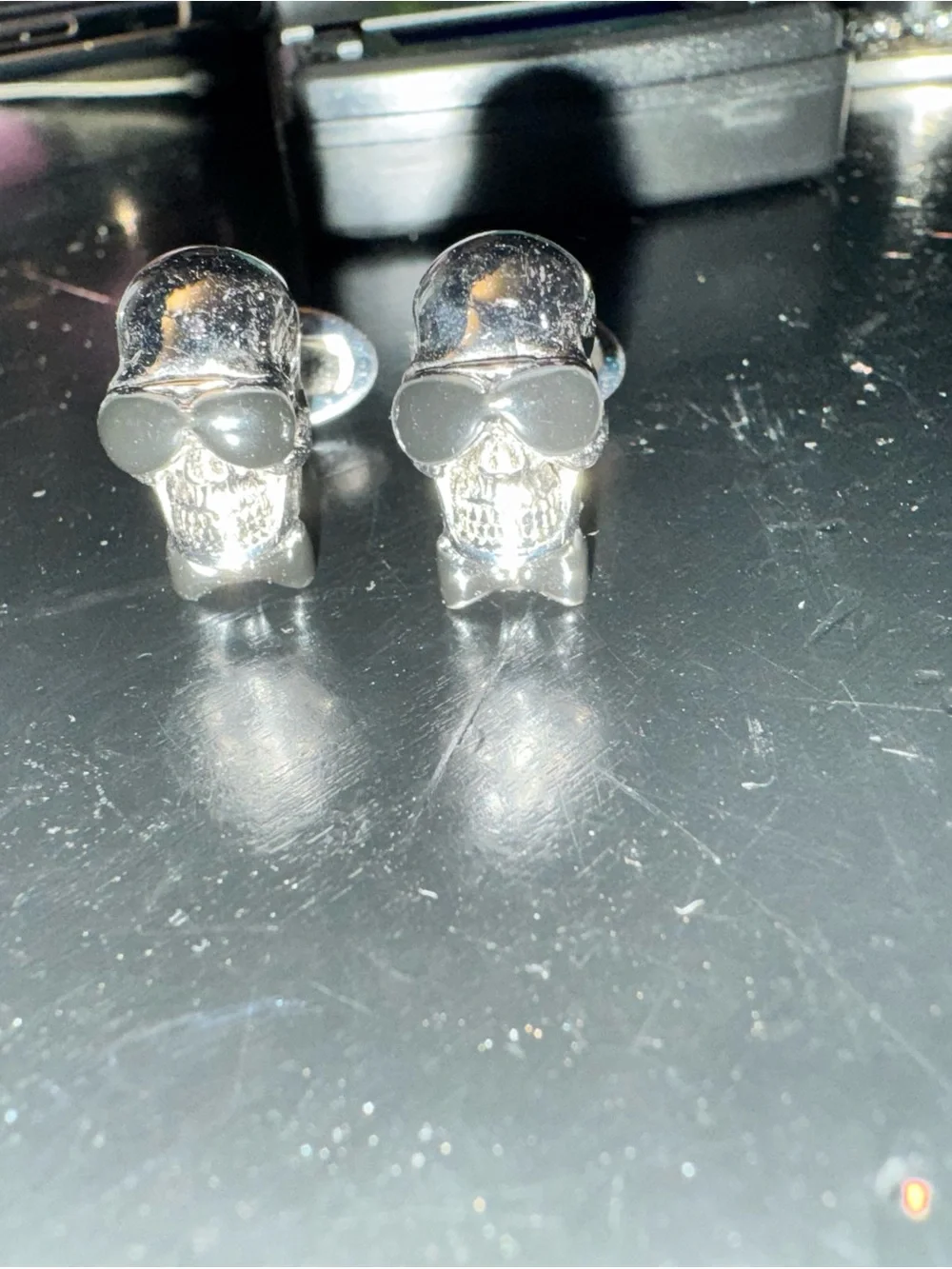Men's Silver Skull Cufflinks with Sunglass Detail